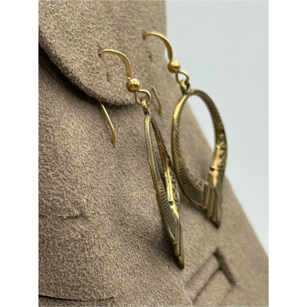 Antique Egyptian Brass Hoop Drop Earrings - Gold-Tone Geometric Accent